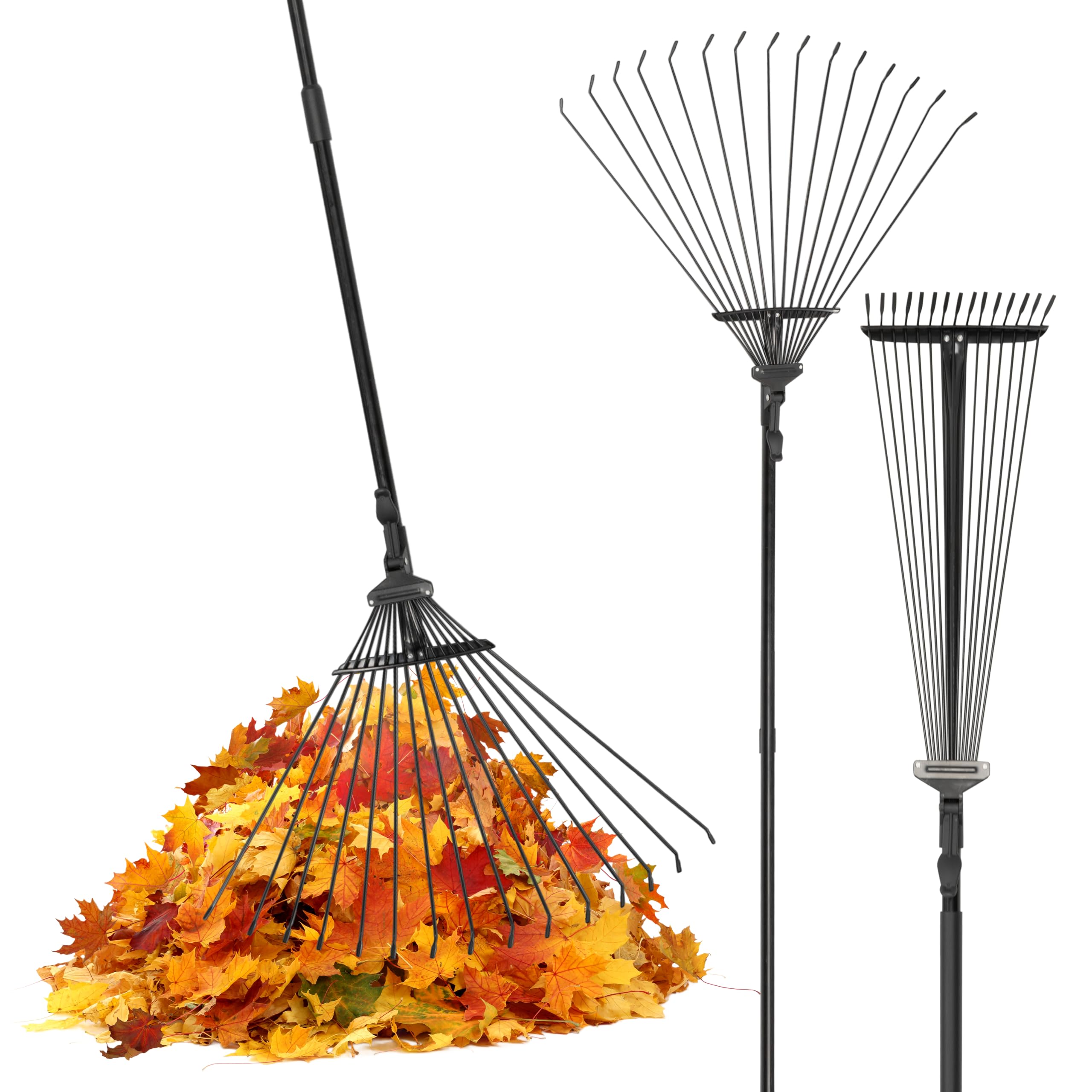 Pelle & Sol Garden Rake - 38-63 Inch Adjustable Lawn Rake for Gardening, Grass w/ 25 Tines for Yard Clean Up - Garden Rakes for Leaves, Lawn Leveller, Yard Clean Up Tool - Black